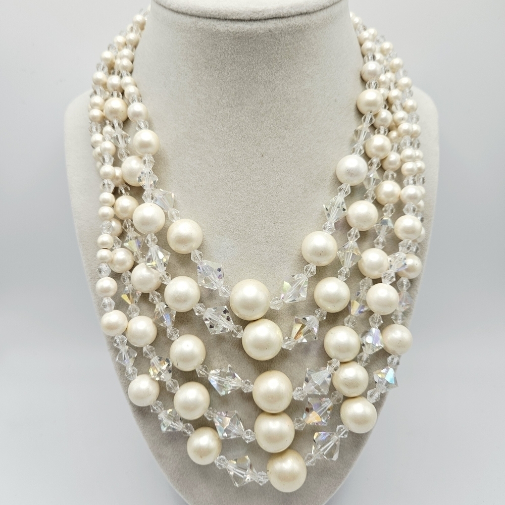 VINTAGE Faux Pearl Aurora Borealis Plastic Multi-Strand Beaded Necklace